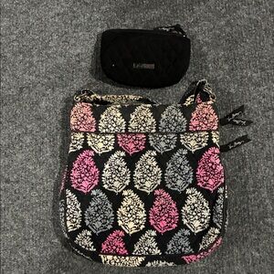 Vera Bradley CANTERBURY Crossbody HandBag Purse & Black Cosmetic Bag w/Mirror
